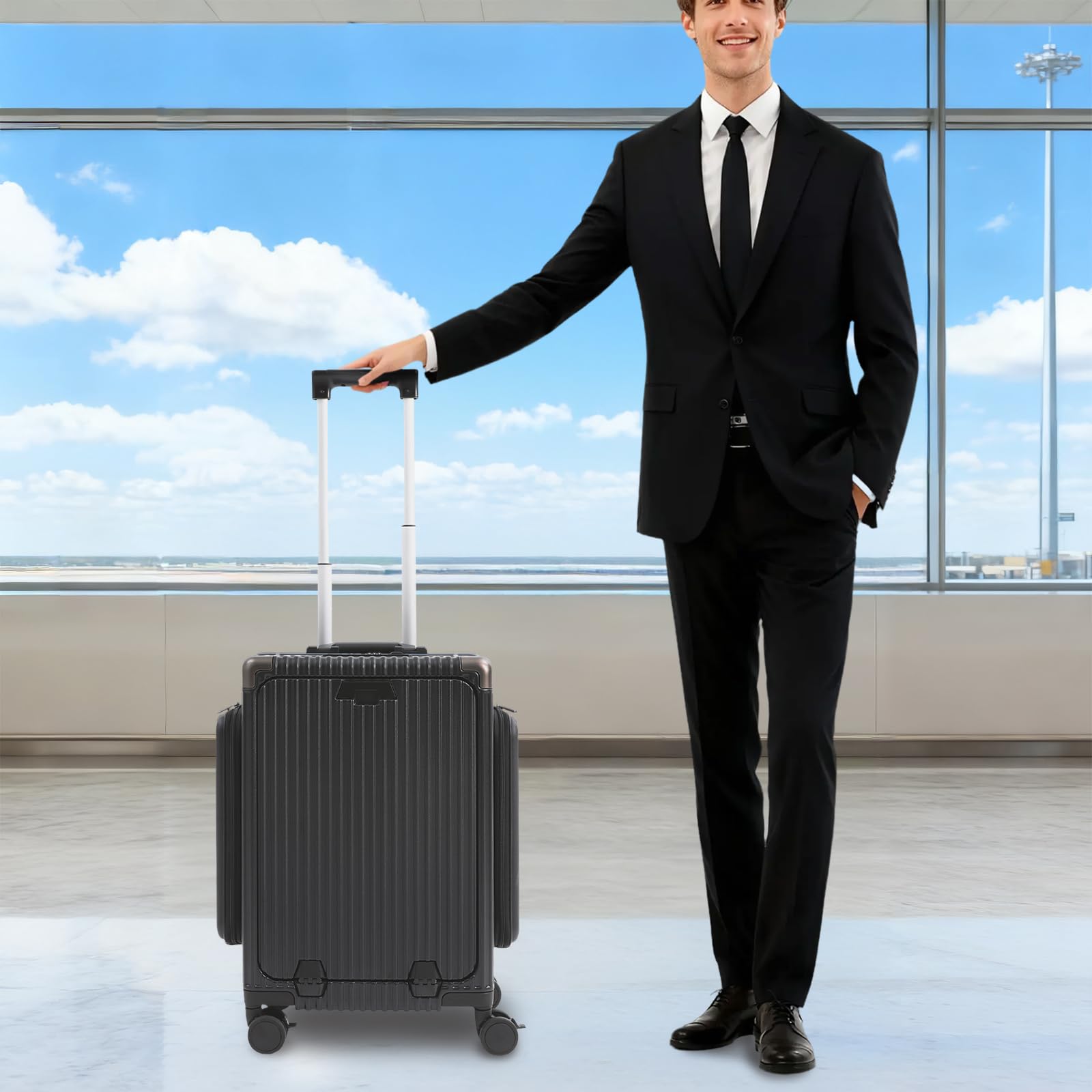 Wielofunkcyjna walizka podróżna na kółkach, trzy otwory, z uchwytem na napoje, zamkiem szyfrowym, portami USB i typu C, nośność ok. 75 kg, czarny, 20 Zoll, Nowoczesny