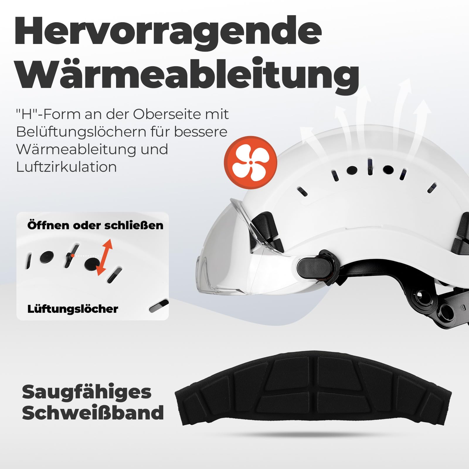 Sicherheitshelm mit Visier, EN397 Schutzhelme mit Schweißband, 53 bis 63cm Verstellbarer Kopfumfang, strapazierfähiges ABS-Material für Männer Frauen