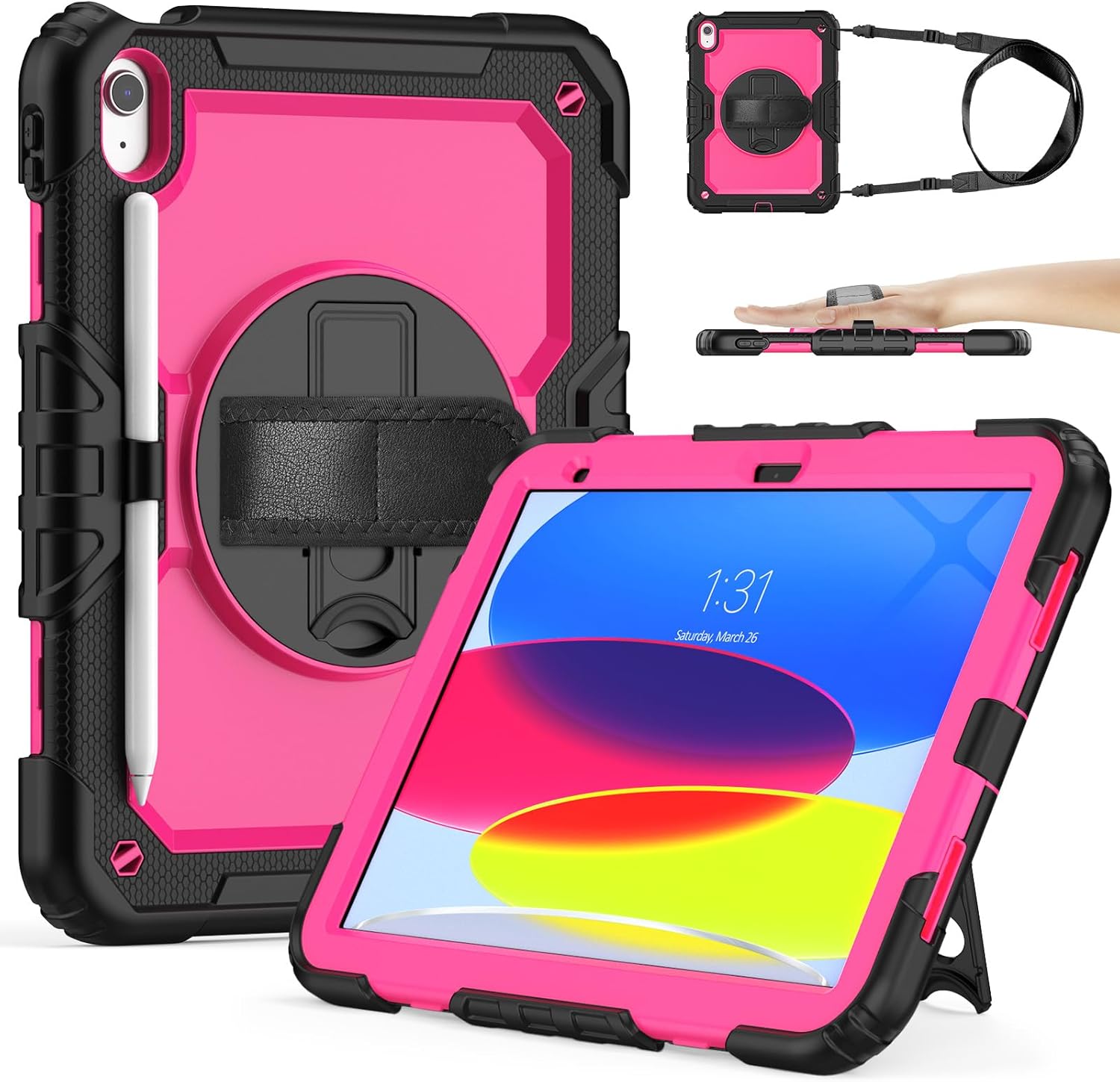 SIBEITU Case for iPad 11th(A16) 2025 & 10th Generation 10.9 inch 2022 with Screen Protector, 3 Layer Shockproof Rugged Protective Case for iPad 11-inch/10th Gen Cover w/Stand & Shoulder Strap, Rose