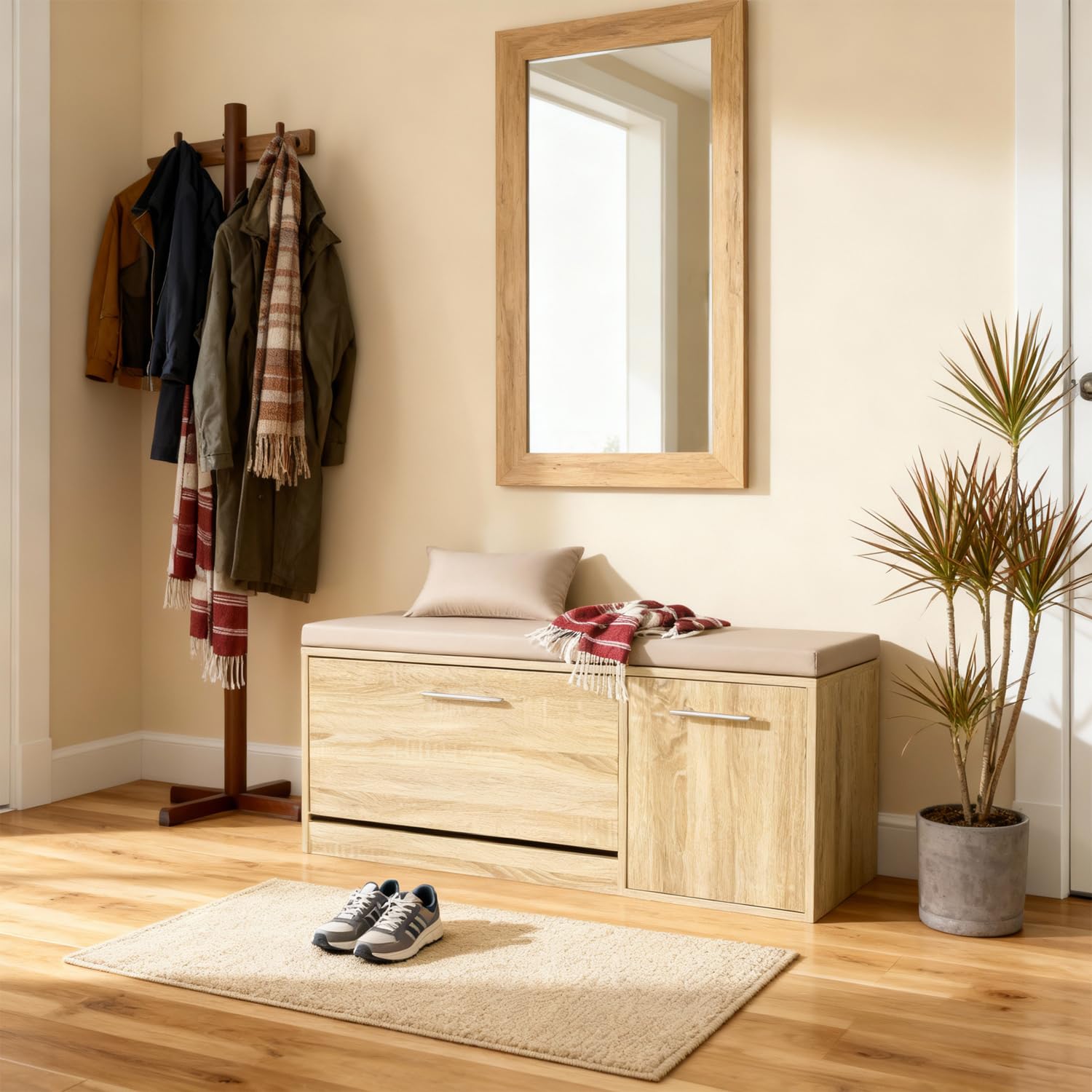 Marvin Scarpiera Panca da Ingresso con Anta – Portascarpe Salvaspazio in Legno con Cuscino Seduta e Anta a Ribalta per Cabina Armadio Corridoio o Camera Design 100x30x46 cm (Rovere/Cuscino Tortora)