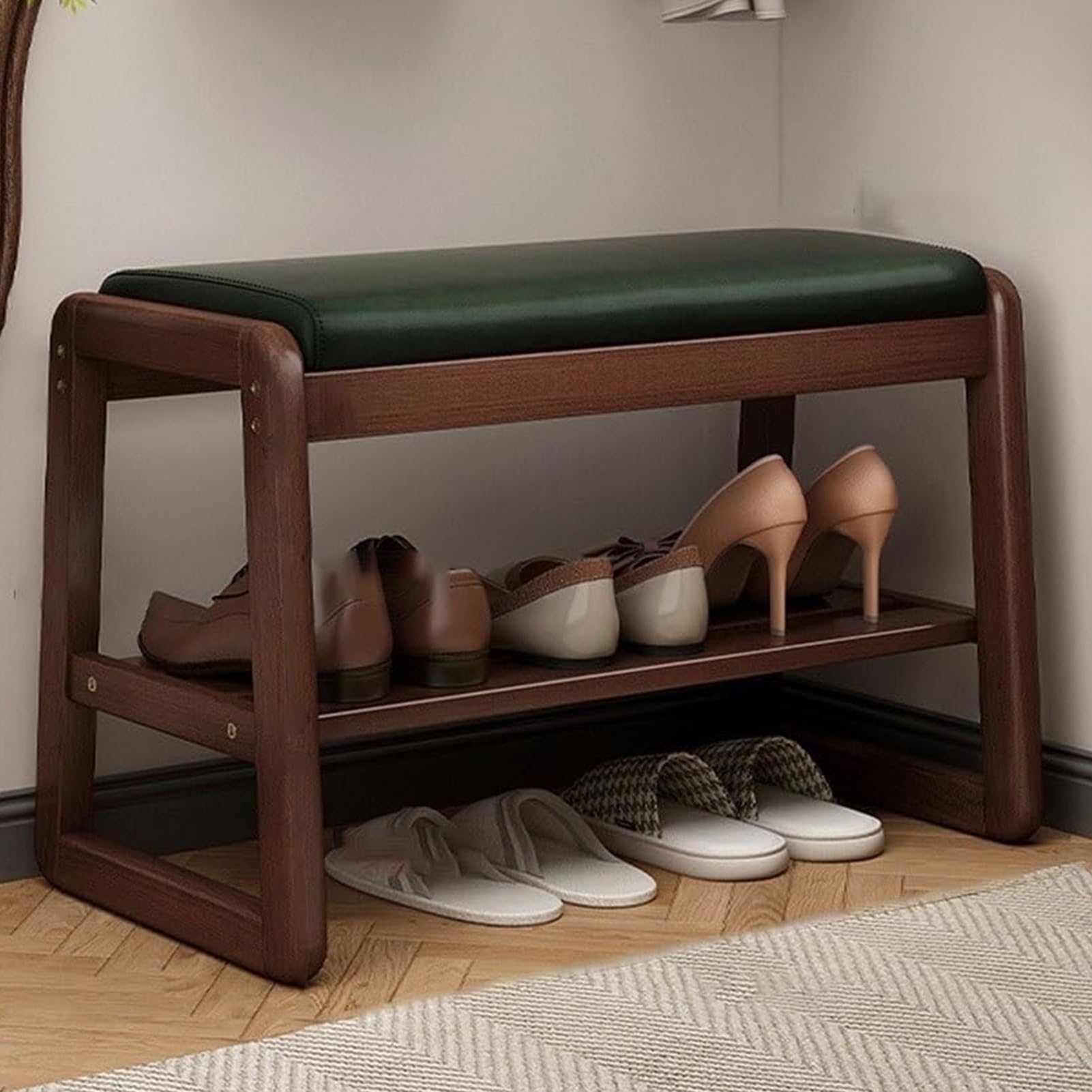 Banc à chaussures en bois massif et cuir PU vert, l'élégance durable d'un meuble d'ébéniste