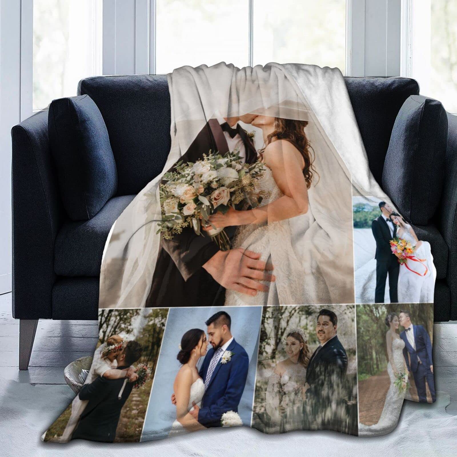 XIAYPRL Personalised Collage Blanket with Picture Text Photo for Wedding, Customised Throw Blankets for Couples Lovers Family Adults Kids Boyfriend Girlfriend, 8 Photos, 100x125cm