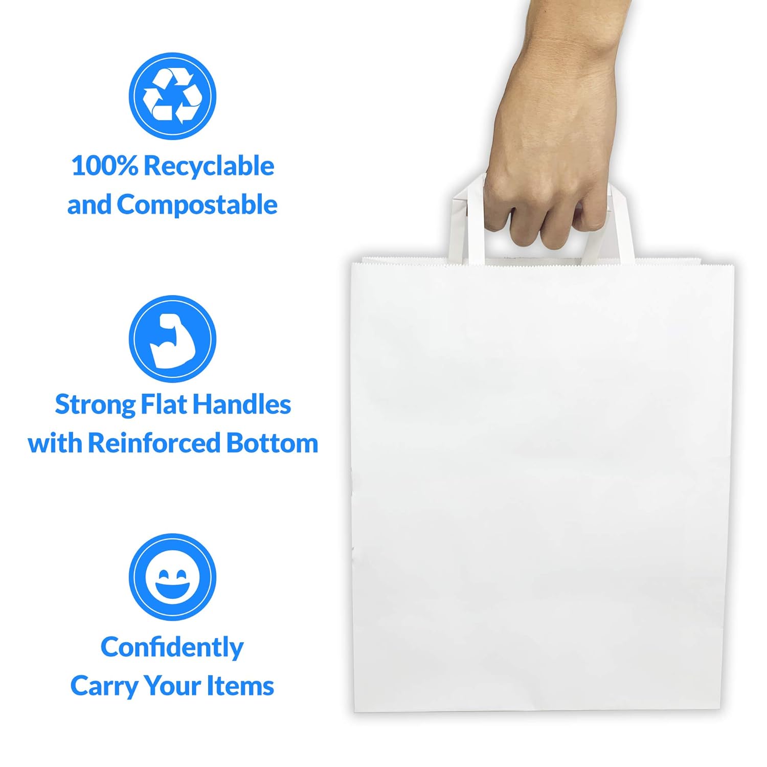 Reli. White Paper Bags w/Handles | 100 Pcs, Bulk | Large 10"x6.75"x12" | White Paper to Go/Take Out/Restaurant Bags with Handles, Shopping Bags, Retail Bags, Gift Bags; 25% Larger Than 10"x5"x13" : Industrial & Scientific