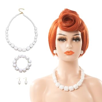 50s 60s Women Short Orange-Red Wig Vintage Updo Cavewoman Wig with White Bead Necklace, Earrings, and Bracelet for Halloween Costume Bun Party Party Cave Cosplay