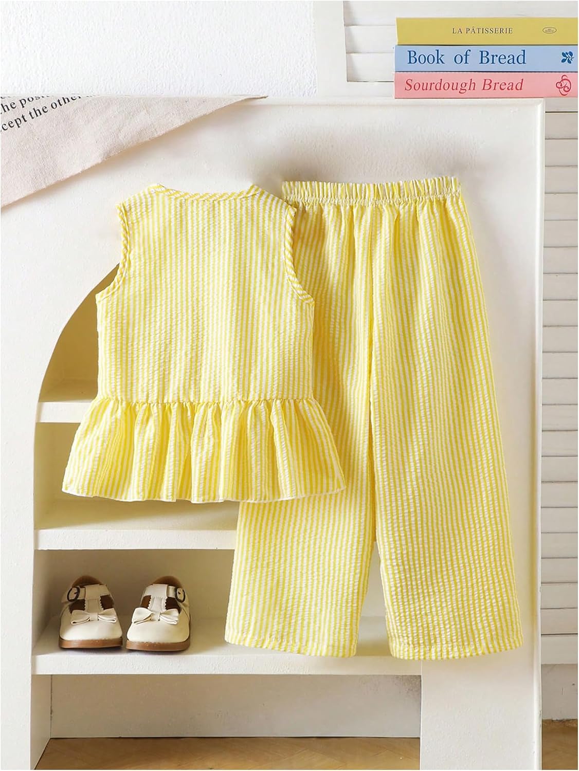 Verdusa Girl's 2 Piece Summer Outfits Bow Striped Ruffle Peplum Tank Top and Wide Leg Pants Cute Clothing Sets