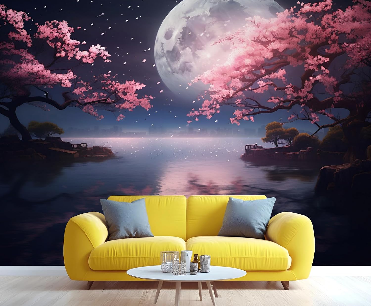 Moon Wallpaper, Pink Flower Mural, Japanese Scenery Custom Wallpaper, Modern Living Room Bedroom Backdrop Wall Murals, 78" x 55" (Non-self-Adhesive)
