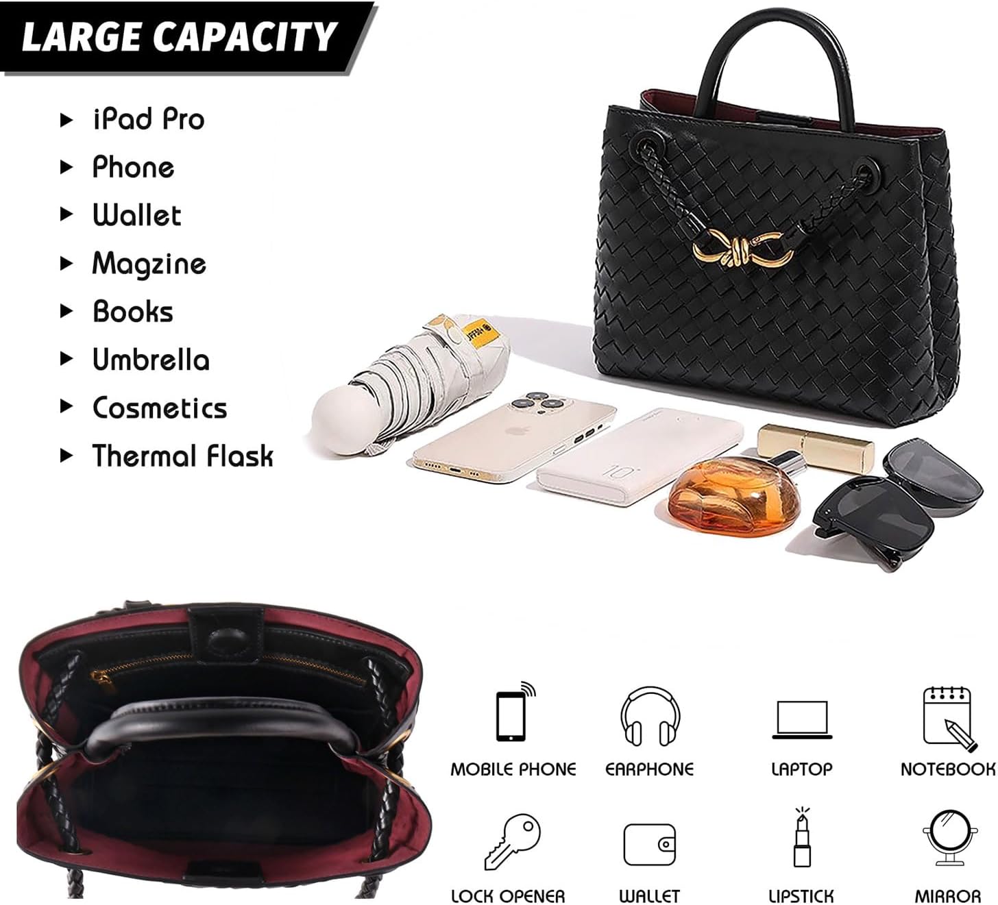 Woven Bag for Women Tote Top Leather Handbags Hobo Shoulder Crossbody Satchel Bags Black