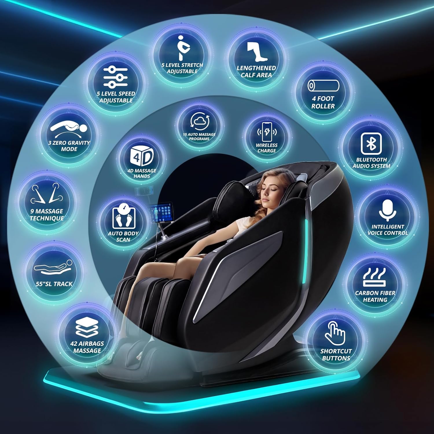 4D Massage Chair Full Body Zero Gravity Recliner - 55“ SL-Track,15 Auto Modes,11 Massage Technique,40 Airbags Massage,with Yoga Stretch,APP Control,Shiatsu Foot Massage(Black) - Image 3
