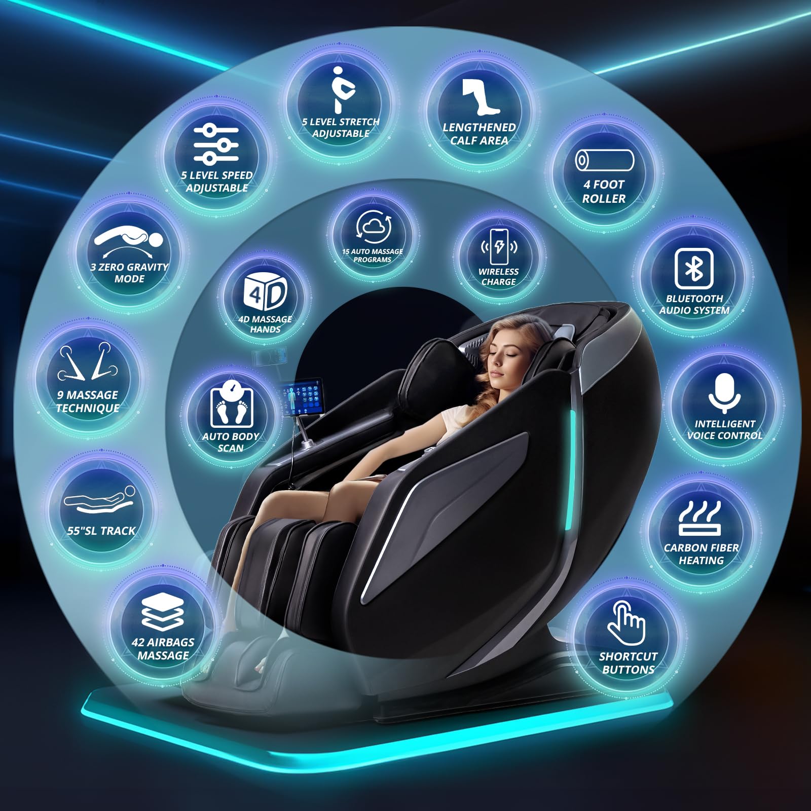 4D Massage Chair Full Body Zero Gravity Recliner - 55“ SL-Track,15 Auto Modes,11 Massage Technique,40 Airbags Massage,with Yoga Stretch,APP Control,Shiatsu Foot Massage(Black)