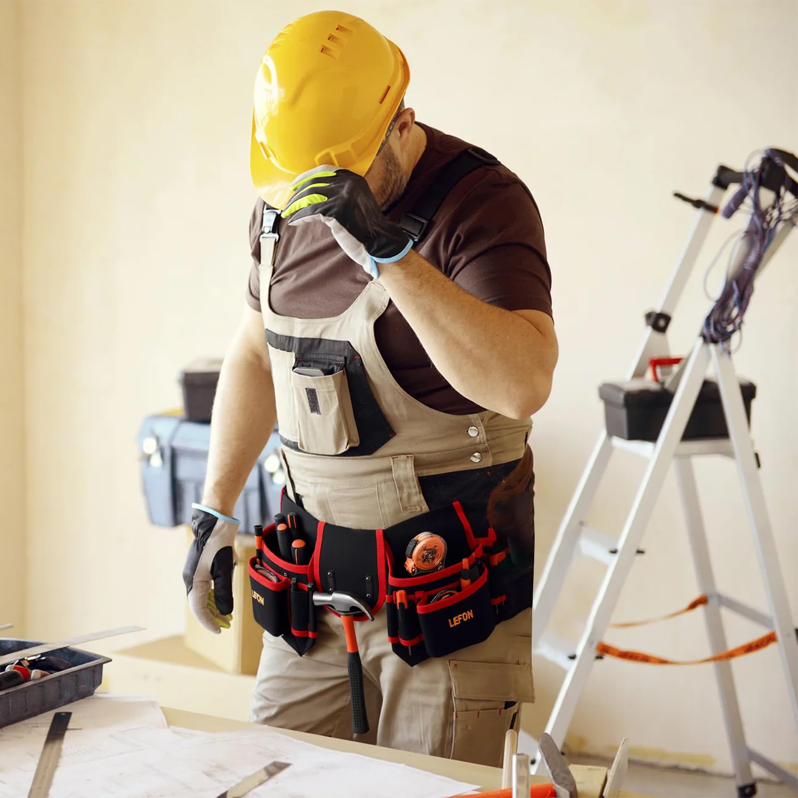 Werkzeuggürtel, Werkzeuggürtel Herren mit 26 Taschen, Robuste Handwerker Gürtel, ArbeitsgüRtel, Verstellbar und Abnehmbar Werkzeug gürtel Elektriker für Tischler Elektriker Klempner (Rot, 1)