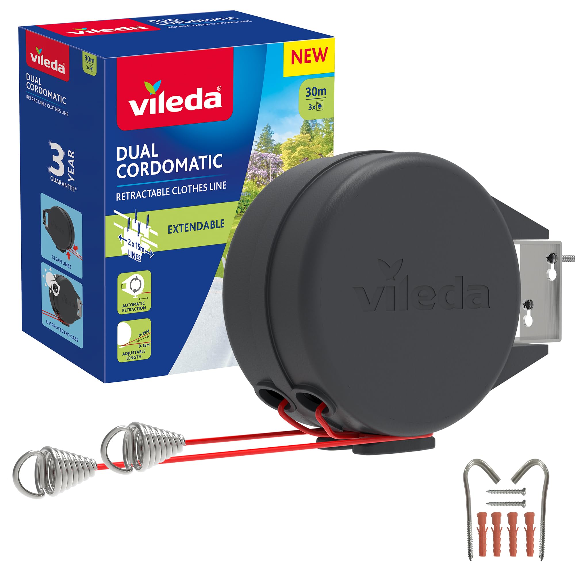 Vileda Dual Cordomatic Retractable Washing Line 30m 2x15m Clothes Holds 30kg