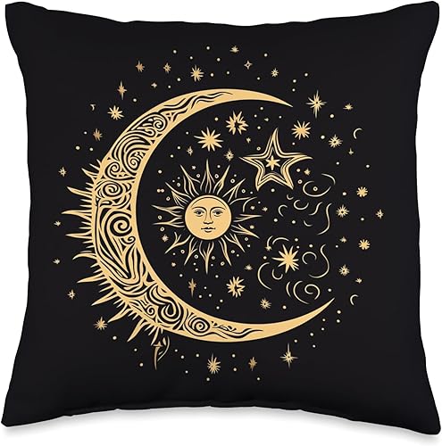 Moon Sun Stars PopLove Co. Galaxy Night Sky Moon Lunar Stars Sun Love - Almohada de 16 x 16 pulgadas, multicolor