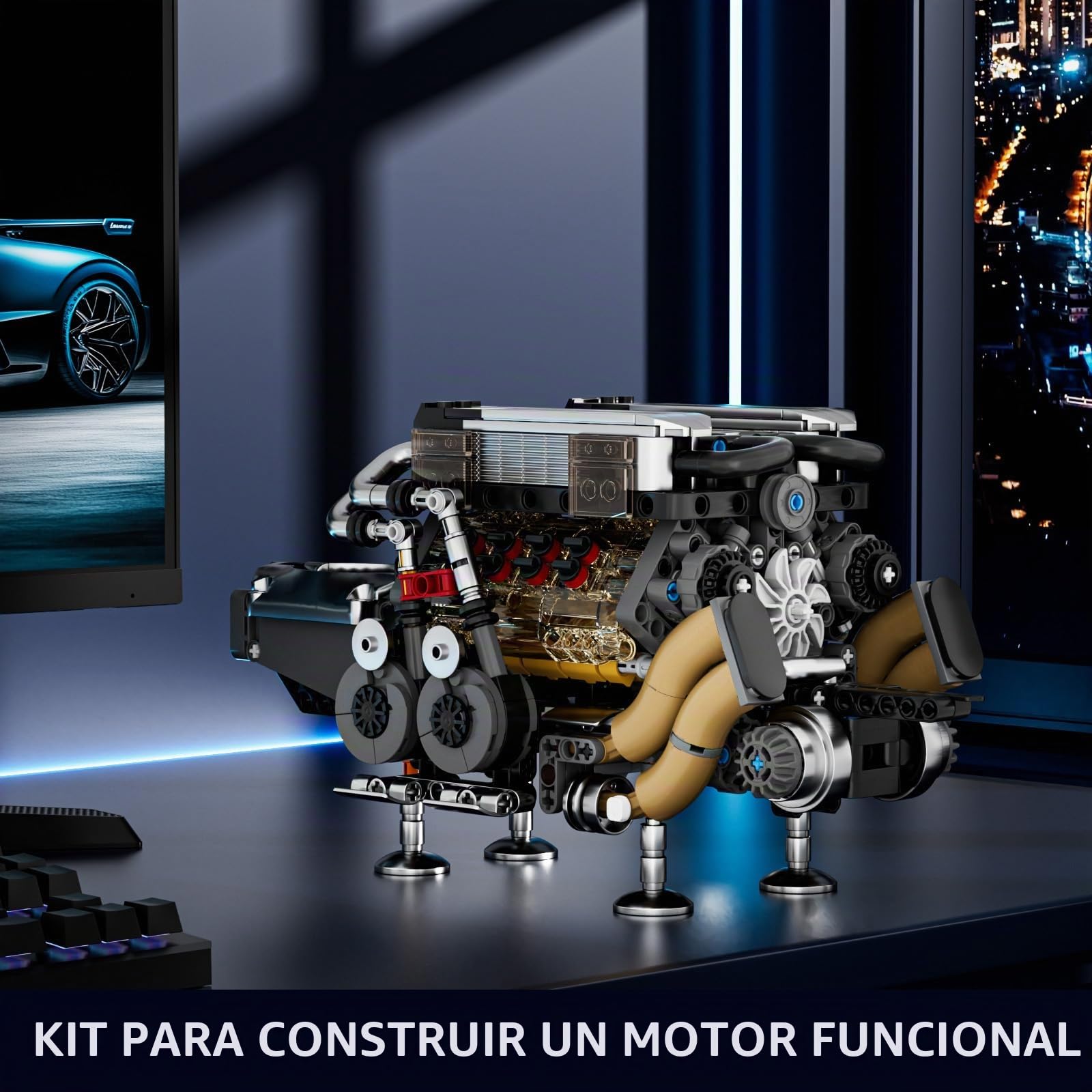 Mould King 10131 Tecnología W16 Kit De Motor Bloque De Construcción Bloque De Fijación del Modelo De Motor Adulto Kit De Motor De Cuatro Turbocompresores Motor Simulado (952 Piezas)