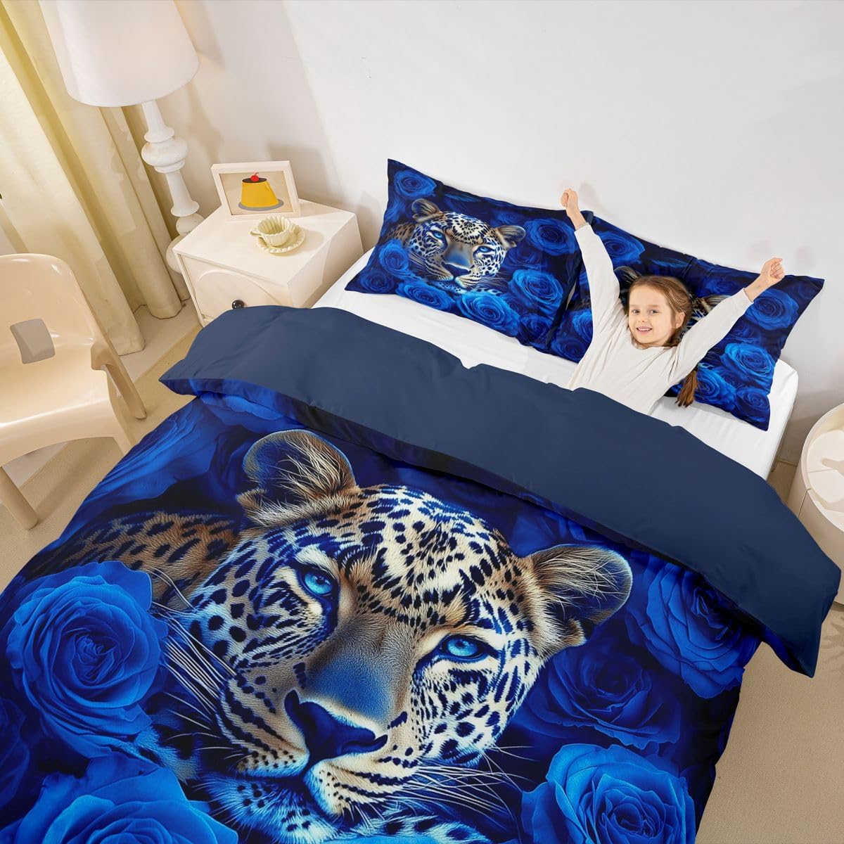 Feelyou Leopard Comforter Cover Safari Cheetah Print Bedding Set for Boys Girls Children Wild Animal Duvet Cover Room Decor Blue Rose Print Queen Size Quilt Cover 3Pcs