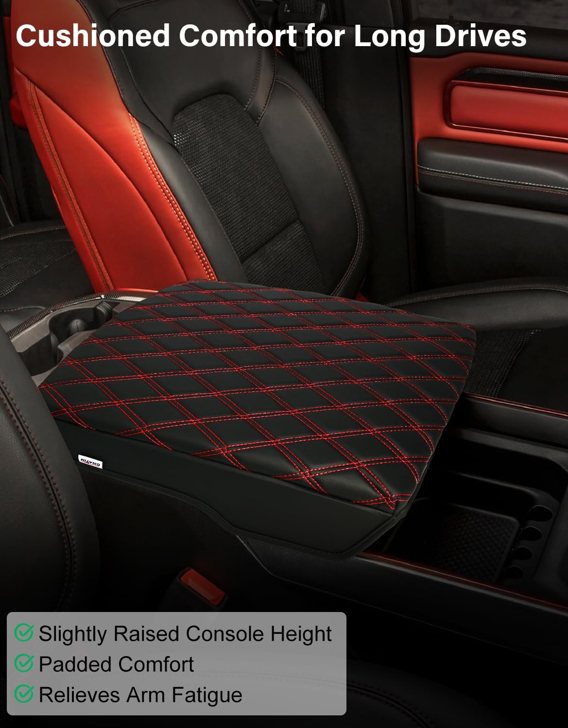Center Console Armrest Cover for 2019-2026 Dodge Ram 1500 2500 3500 5th Gen, PU Leather Middle Console Lid Protector Arm Rest Cushion Anti-Scratch Thick Pad, Black/Red(Bucket Seat)