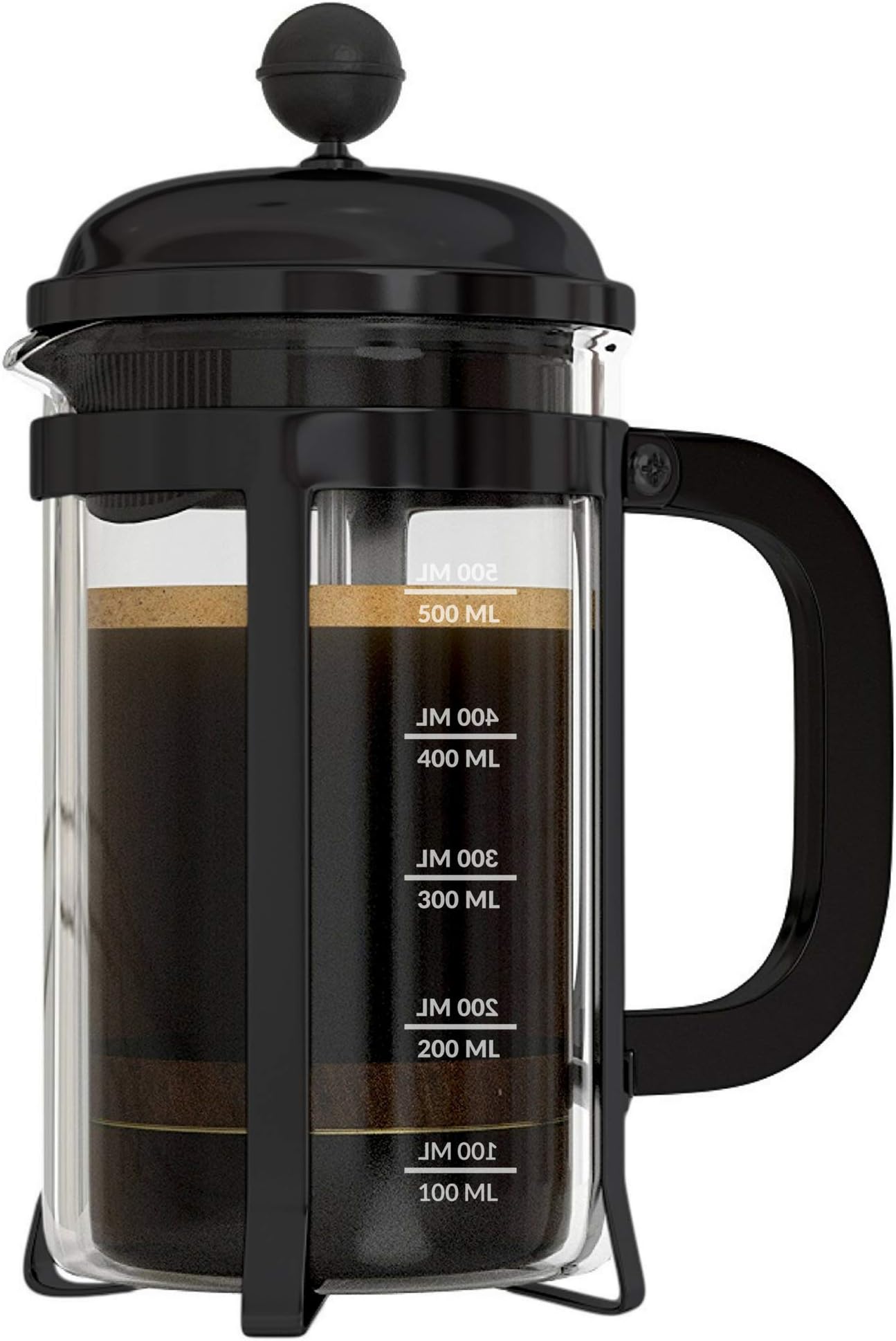 French Press Coffee Maker with 4 Part Superior Filtration 600 ML, Stainless Steel, (Black)