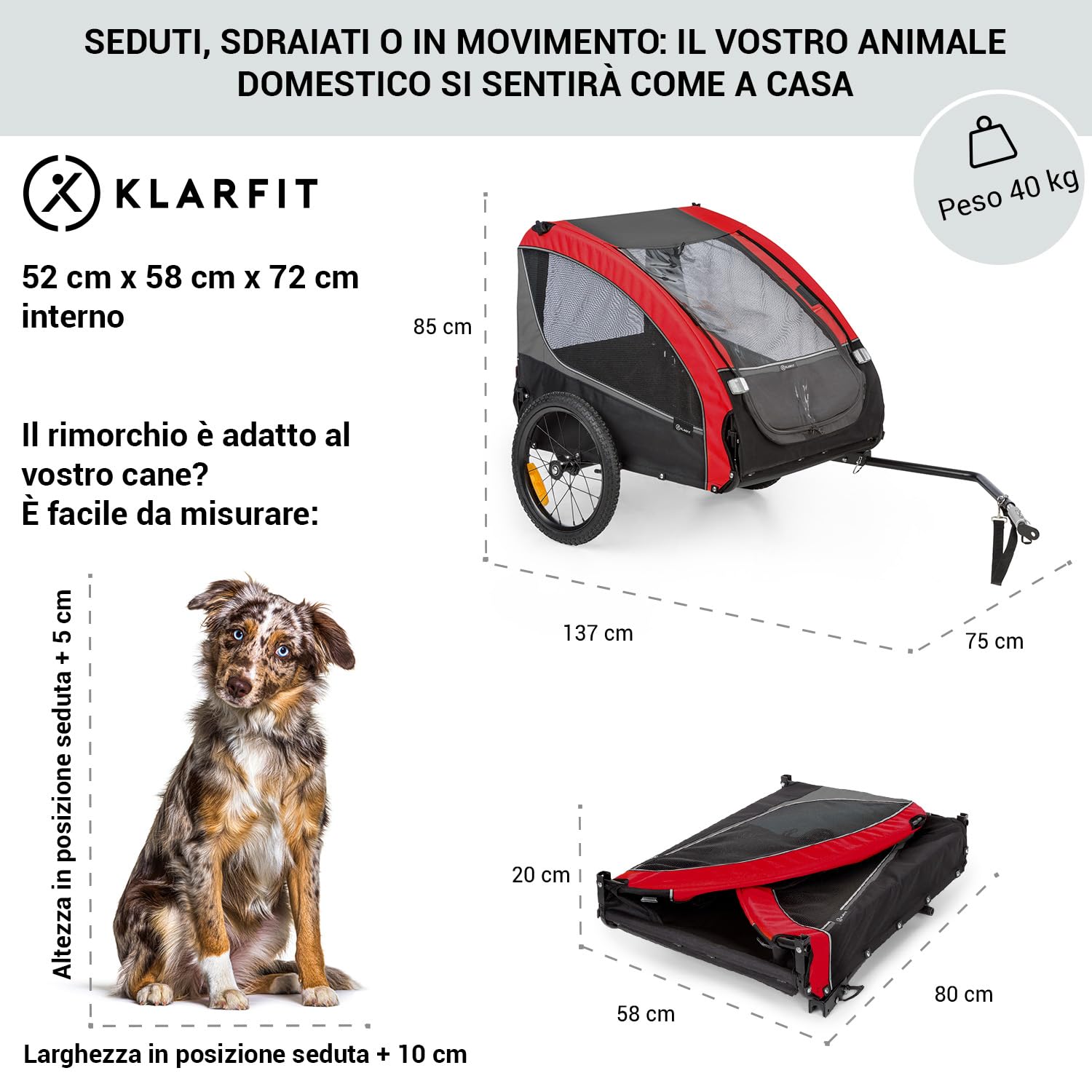 Klarfit Husky Vario 2 in 1 - Rimorchio da Bici e Passeggino per Cani, Carrello Bici, Vol 240 L, Materiale: 600D Oxford Canvas, SmartSpace Concept, Carico Massimo: 40 kg