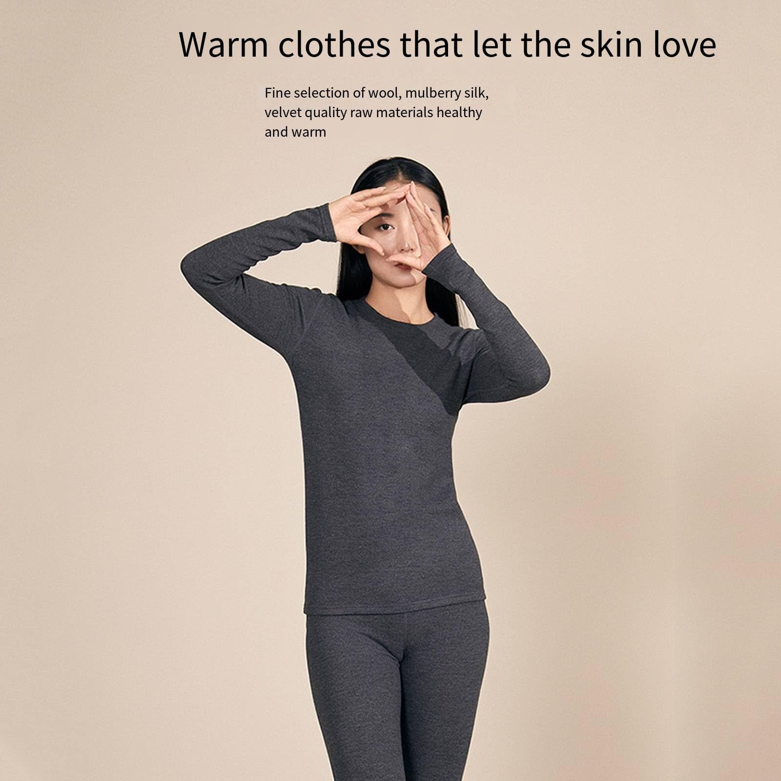 Conjunto de Cuello Redondo Cubierto para Mujer, Ropa Interior térmica, Parte Superior e Inferior de Seda de Lana,B-3XL