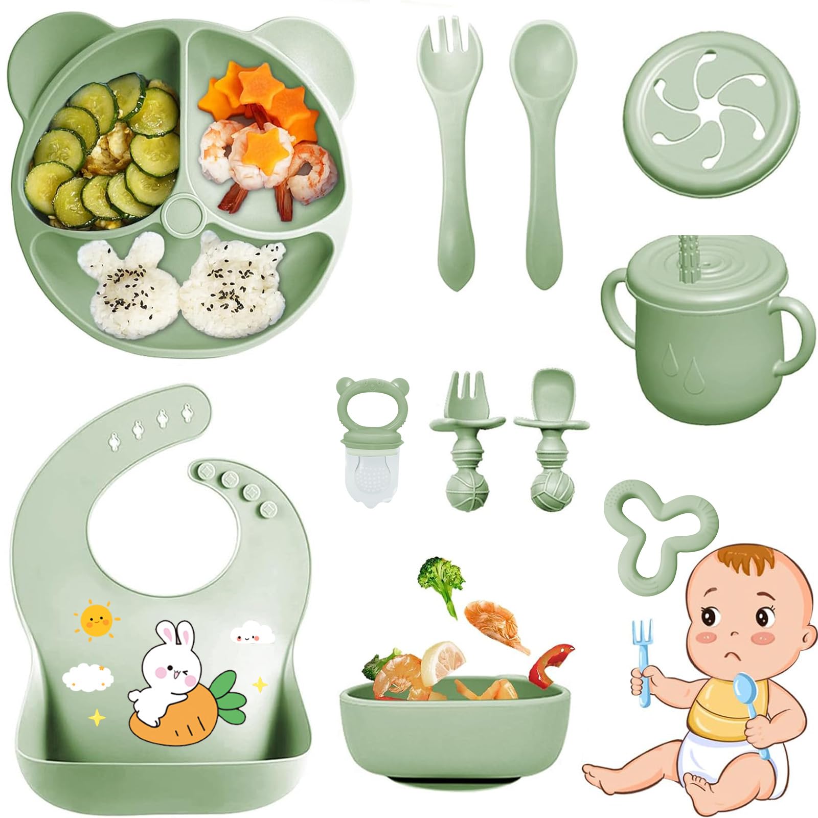 Coffret Repas Bébé 11 pièces Silicone Antidérapant avec Ventouse Assiette Bol Fourche Cuillère Bavoir Tasse Sans BPA Vert foncé
