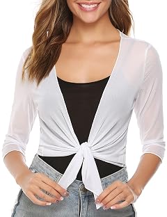 Aiboria Womens 3 4 Sleeve Shrug Sheer Mesh Bolero Tie Front Cropped Cardigan S-XXL