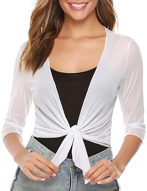 Aiboria Womens 3 4 Sleeve Shrug Sheer Mesh Bolero Tie Front Cropped Cardigan S-XXL