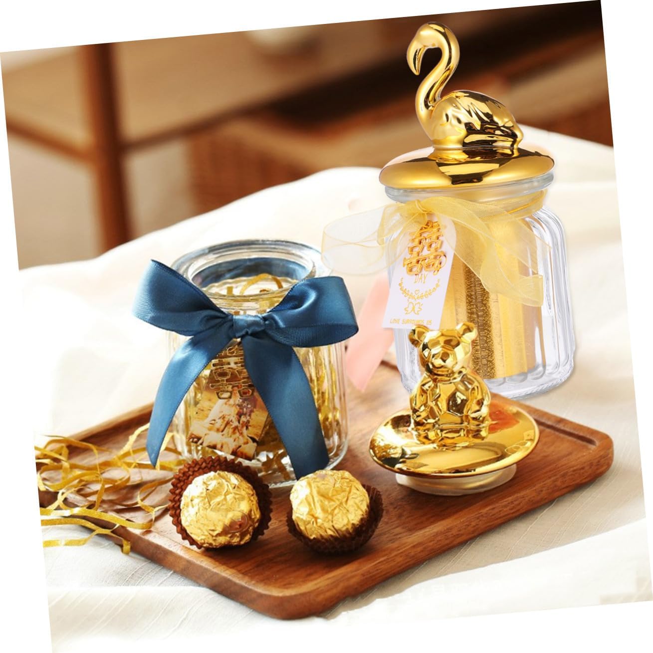 MAGICLULU Wedding Animal Ceramic Candy Jar with Gold-plated Lid, Glass Candy Storage Bottle for Wedding Favors, Sealed Snacks Container with Flamingo Design