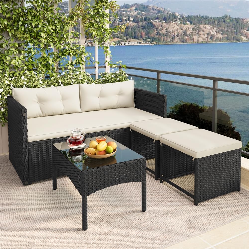 Yaheetech Conjunto de Muebles de Jardín de Ratán Muebles de Ratán de 2 en 1 | 1 Banco y 1 Mesa y 2 Taburetes, Negro/Beige