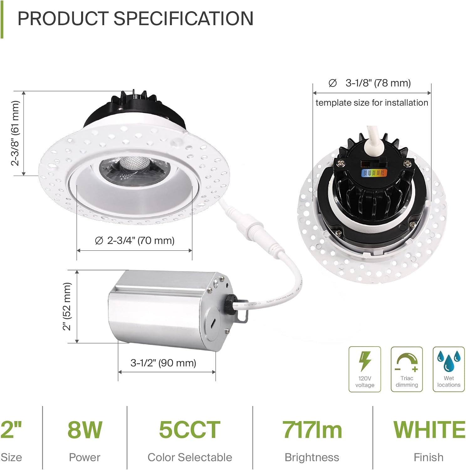 ASD Trimless Gimbal LED Recessed Lighting 2 Inch, 8W 120V LED Downlight, Adjustable Dimmable Directional Ceiling Light with J-Box, 5 CCT 2700K-5000K, IC Rated Airtight, ETL Energy Star, White, 18 Pack