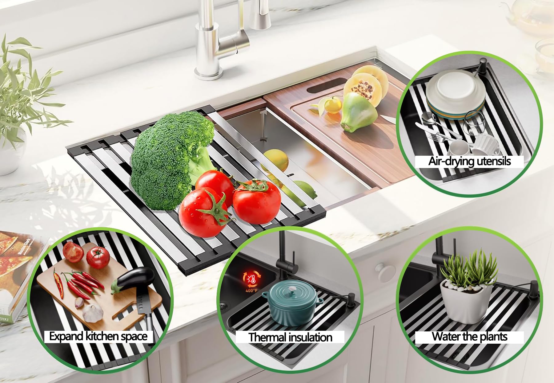 Scolapiatti pieghevole per lavello da cucina, scolapiatti sopra il lavello, scolapiatti per lavello, scolapiatti in acciaio inox (60 x 30 cm), tappetino scolapiatti per bottiglie,