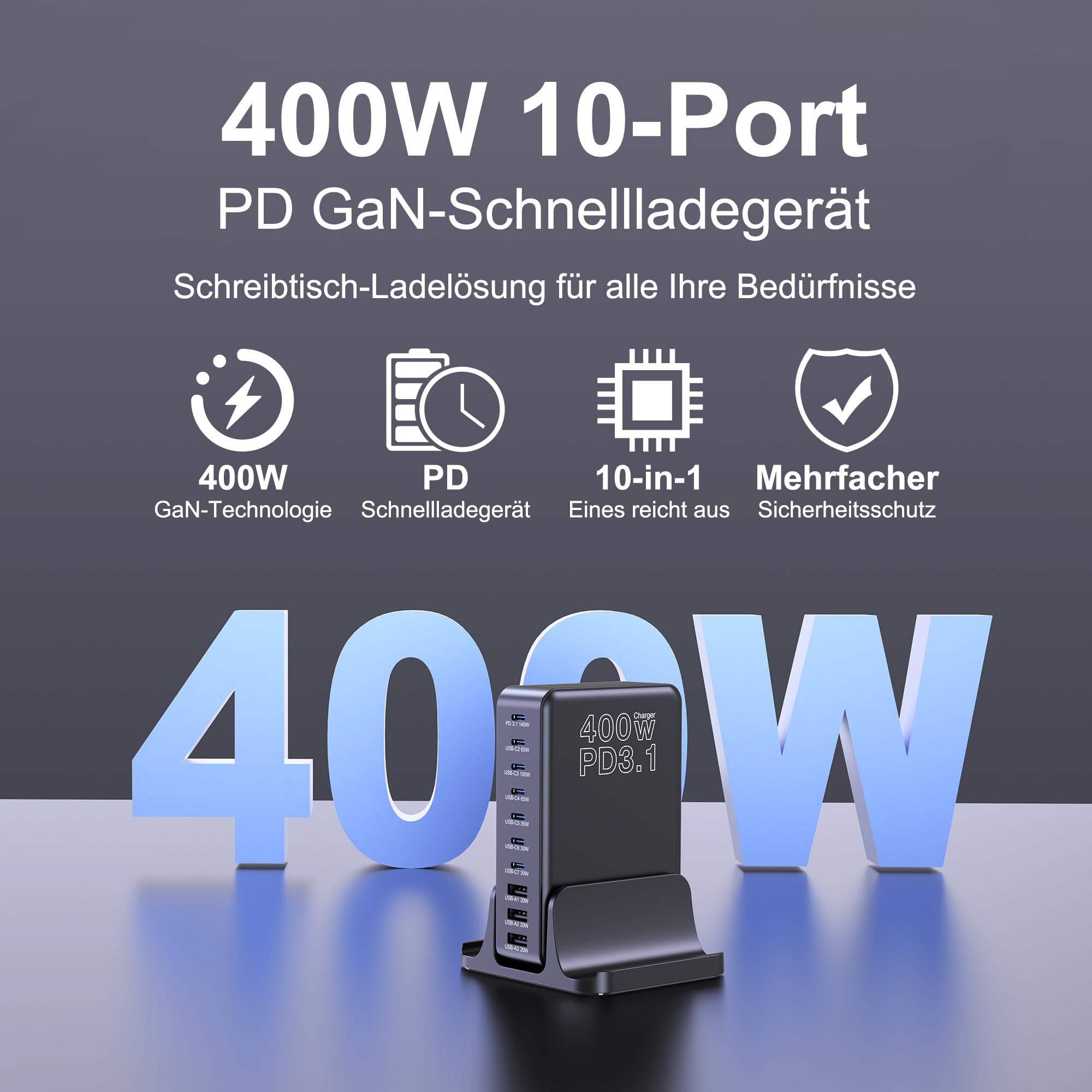 Caricatore USB C da 400 W, multiuso, 10 porte, GaN, con PD3.1, 140 W, PPS, 45 W, QC20 W, per MacBook Pro/Air, iPad, iPhone 16/15, Galaxy S24/S23, Steam Deck