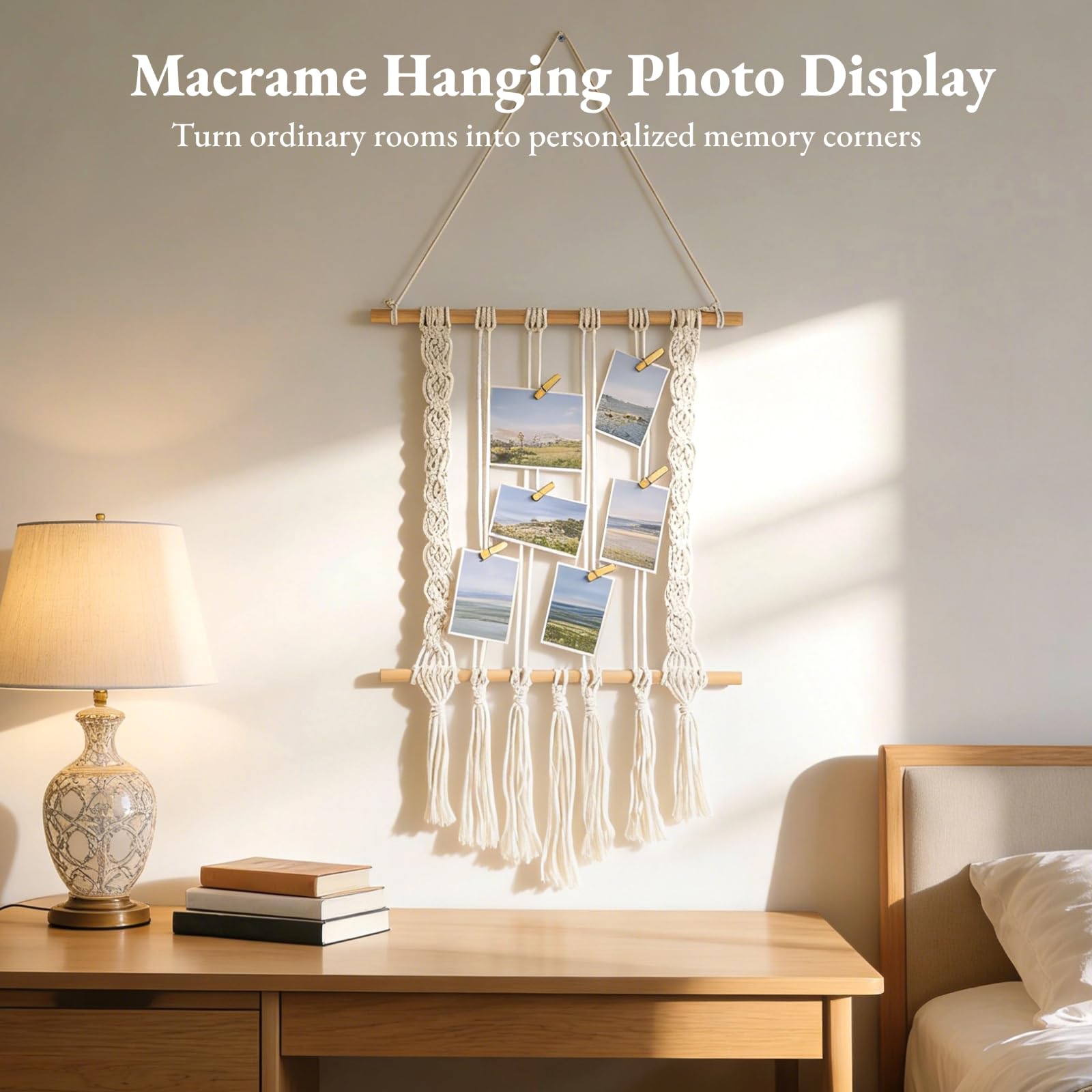 Makramee Fotoaufhänger mit Quasten, handgefertigte Boho Wanddeko, inkl. 30 Holzklammern, Bilderhalter für Zimmer, Schlafzimmer und WG, für Weihnachts- und Geburtstagsgeschenke