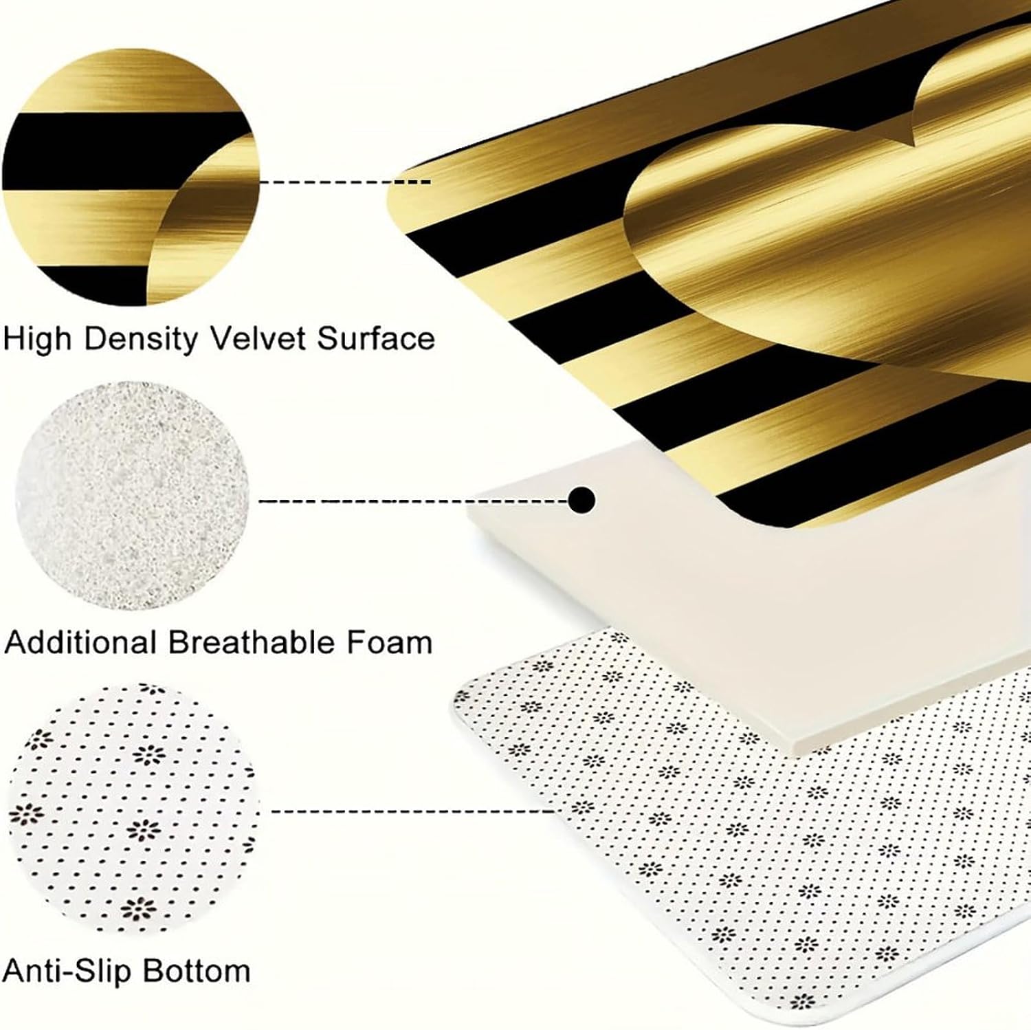 Gold Heart Stripe Kitchen Mats for Floor 3 Pcs Kitchen Rugs