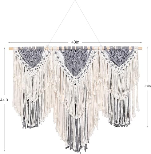 Miniatura 4 de ANMINY Gran macramé para colgar en la pared de 43 pulgadas, cuerda de algodón natural hecha a mano, decoración de pared de macramé, tapiz tejido