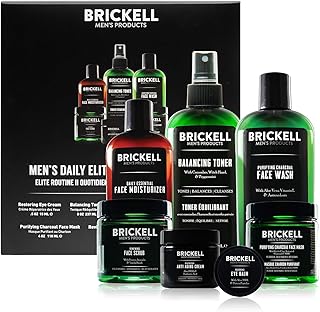 Brickell Men's Daily Elite Face Care Routine II, Toner, Charcoal Facial Wash, Face Scrub, Anti-Aging Night Cream, Eye Cream, Charcoal Mask and Moisturizer, Natural and Organic, Scented