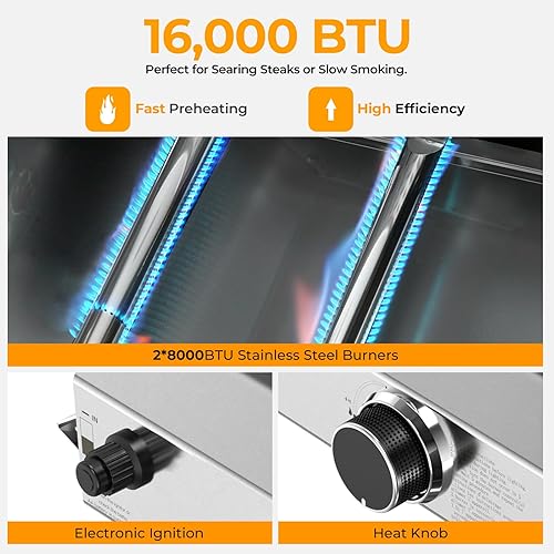 Miniatura 3 de R.W.FLAME G20B - Parrilla de gas propano con 2 quemadores, 16000 BTU de acero inoxidable al aire libre para cocinar con tapa superior, ruedas,