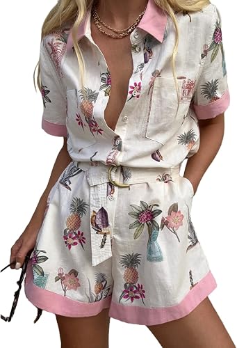 REASERAL Womens Floral Print Jumpsuit Short Sleeve Lapel Buttons with Belt Top M