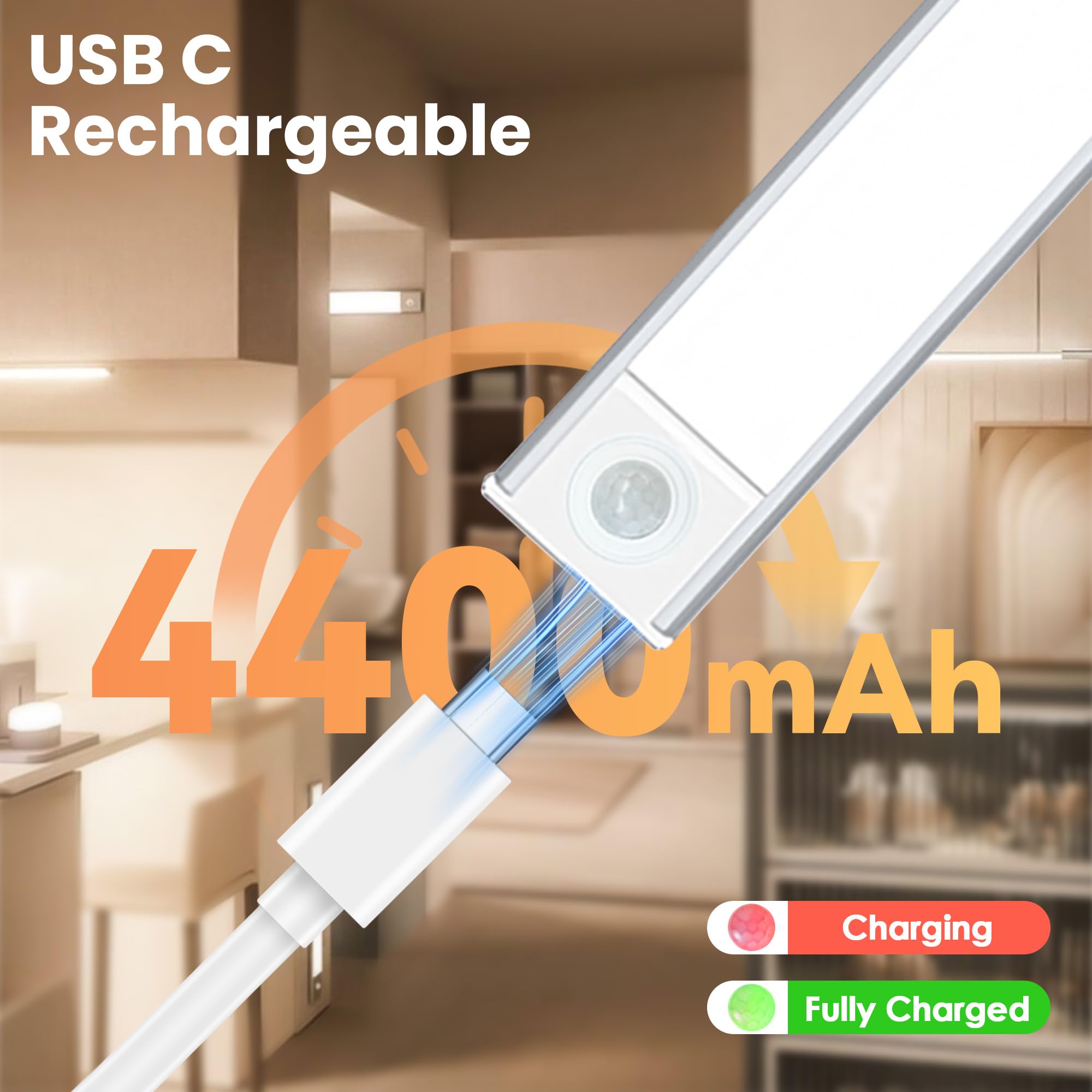 2PCS 60CM Luz LED de Armario con Sensor de Movimiento, Luz bajo Mueble Recargable 3 Colores y Brillo Regulable, Lámpara LED Adhesiva para Cocina, Armario,Gabinete, Pasillo