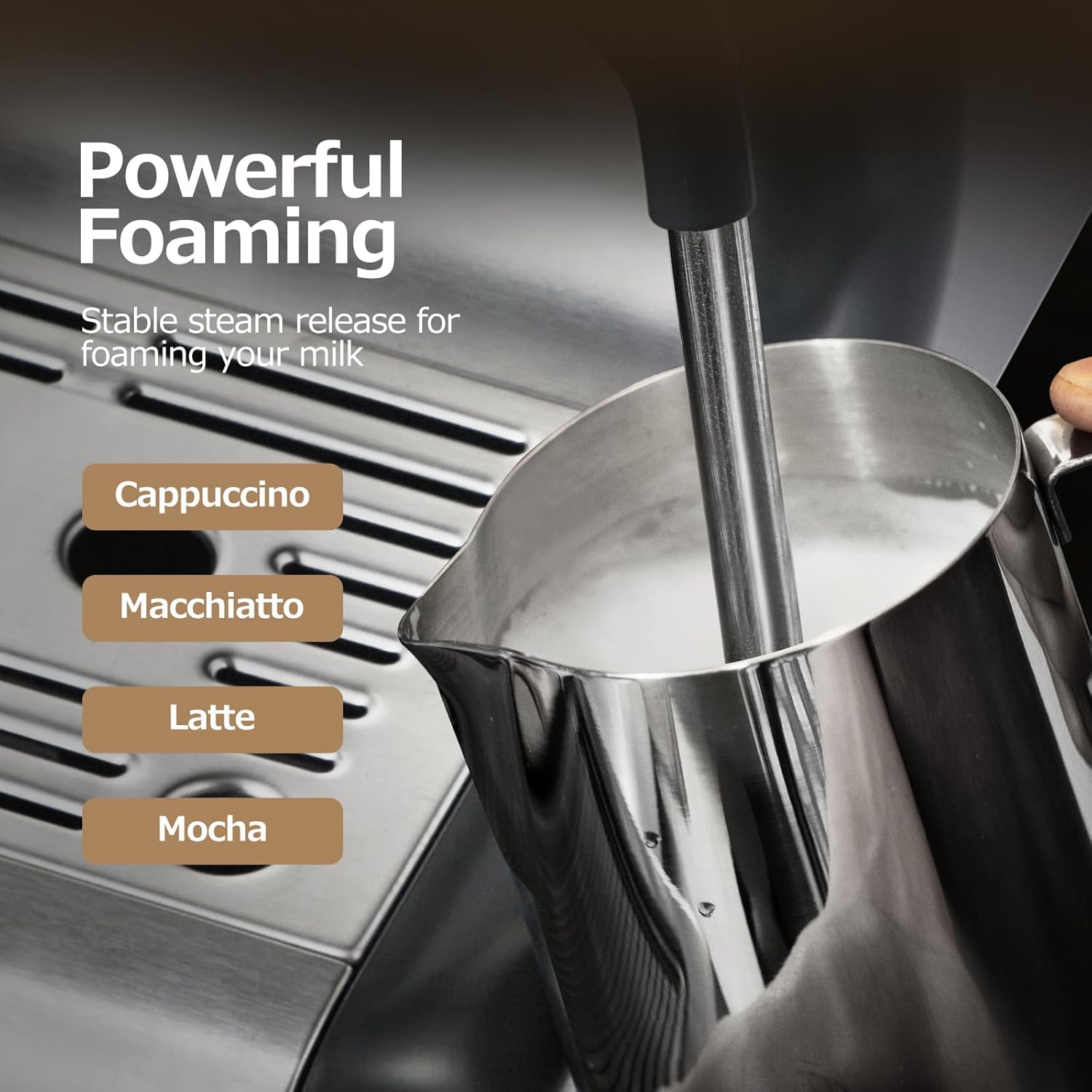 Steam wand frothing milk in a stainless steel pitcher