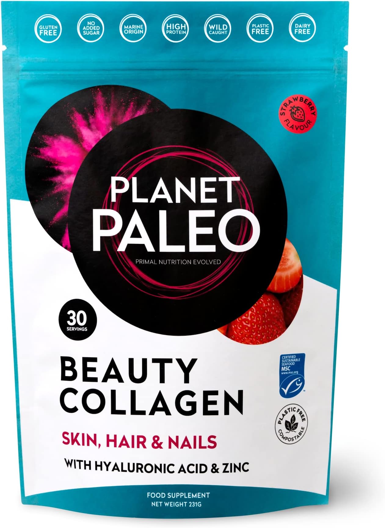Beauty Marine Collagen Powder - Nourishes Hair, Skin & Nails, Bone & Joint Support, Easy to Mix (Strawberry, 231g)