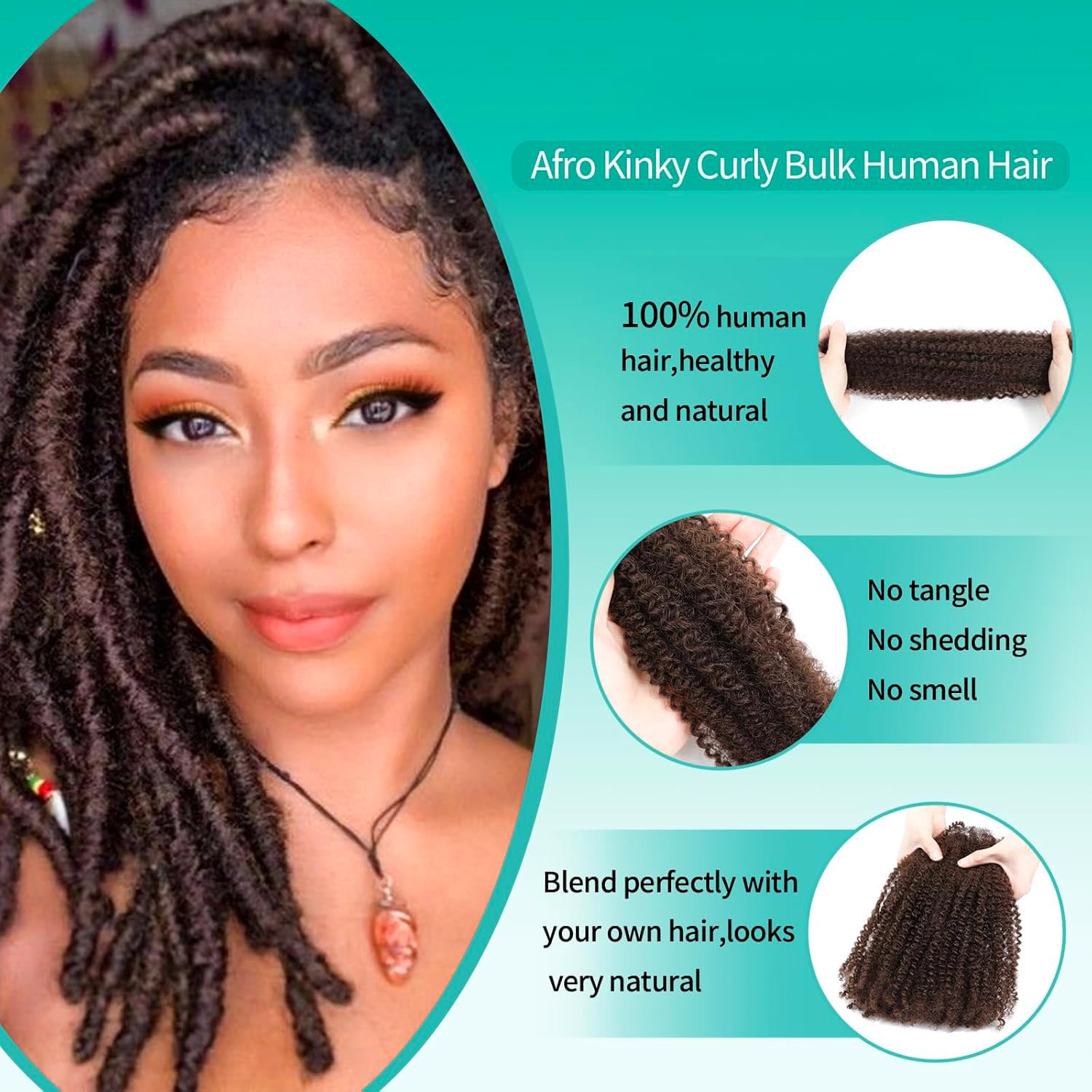 PORSMEER Afro Kinkys Bulk Human Hair for Dreadlocks and Twist Braiding 1 Pack 100% Human Hair Soft Afro Kinky Curly Hair Bulk for Dreads Dark Brown (8 Inch) - Image 3