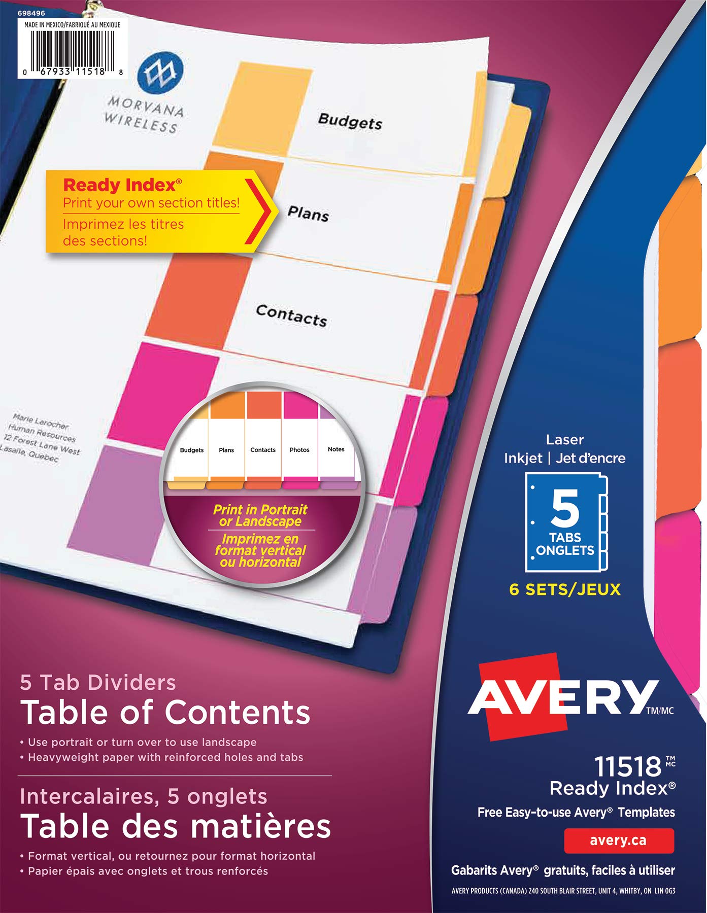 AVERY Ready Index Table of Content Dividers for Laser and Inkjet Printers, Plain Tab, 5 tabs, Multi-Colour, 6 Sets, (11518)