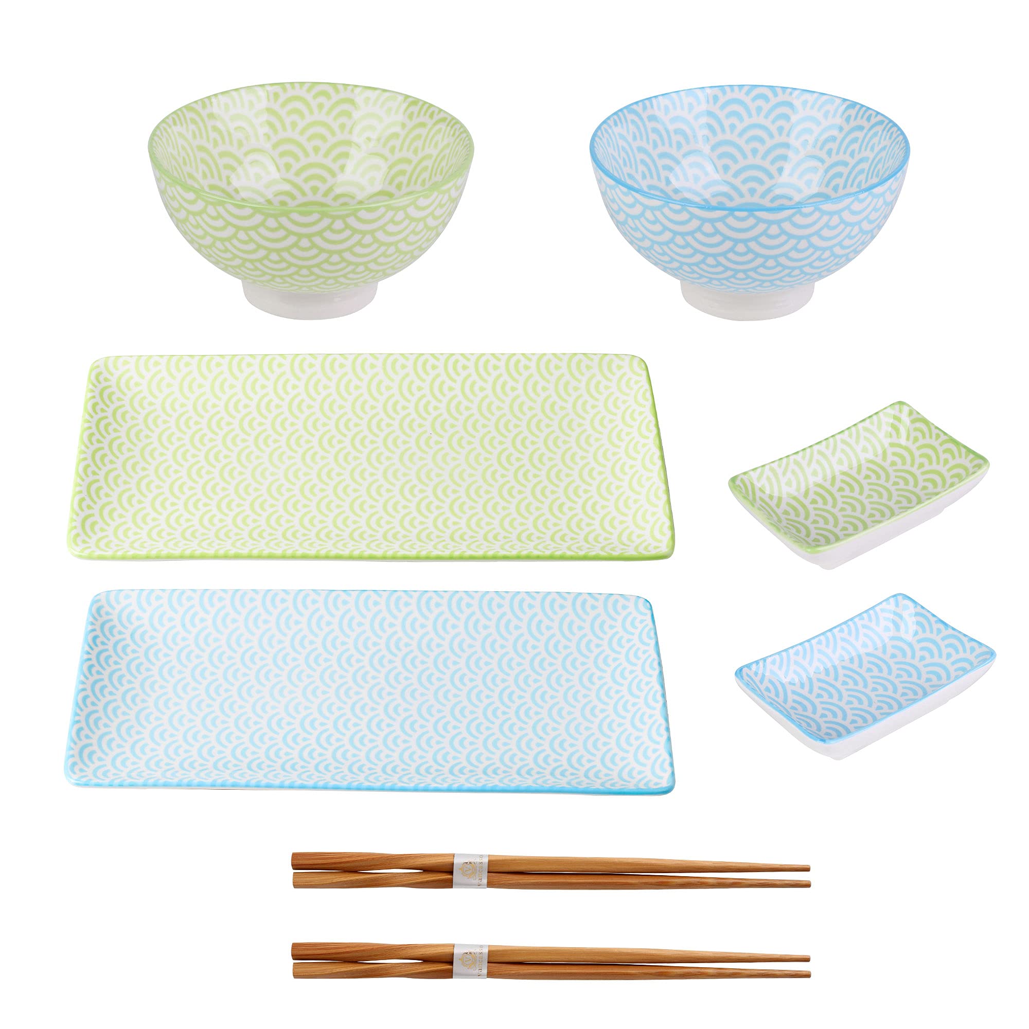 Buy vancasso Natsuki Porcelain Sushi Plate Set for 2, Japanese Style Ceramic Blue Green 8 Pieces
