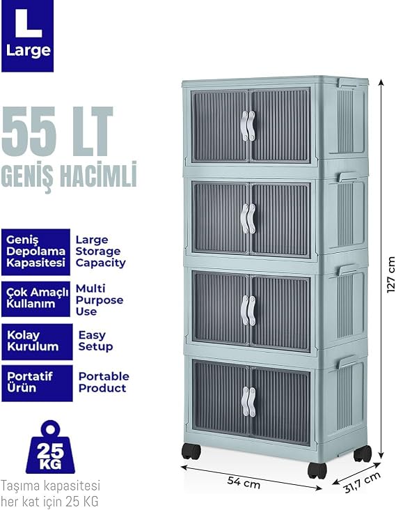 Deconox 4 Kat Portatif Organizer Tekerlekli Çok Amaçlı Katlanabilir Dolap, Kapaklı Düzenleyici Raf Mutfak, Banyo, Çocuk Odası, Garaj ve Ardiye için Toparlayıcı Ünite, Stop Tekerlekli (SU YEŞİLİ)