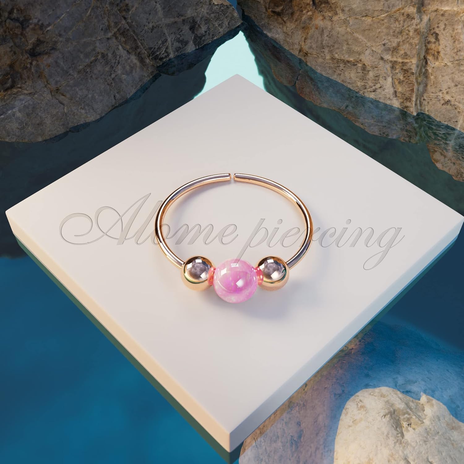 ALOME PIERCINGS Rose Gold Cartilage Earring – 14K Rose Gold Filled 20G 8mm Hoop 3mm Pink Opal – Cute Dainty Jewelry Piercing Gift For Your Loved One - Image 5