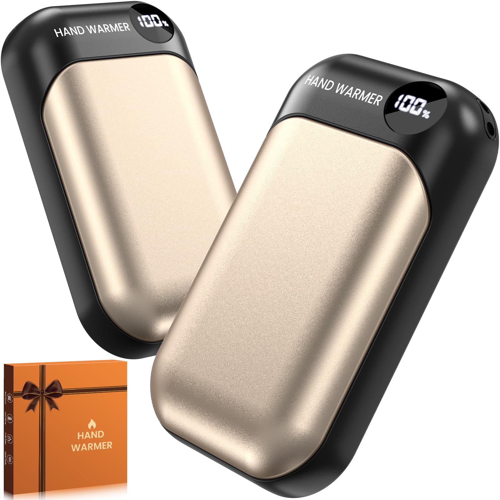 Hand Warmers, 2 Pack Magnetic Electric Handwarmer, 6000mAh USB Hand Warmers Rechargeable, 4 Heat Settings, LED Digital Display, Suitable for Outdoor Indoor - Hunt, Camp, Golf or Gift Giving, Gold