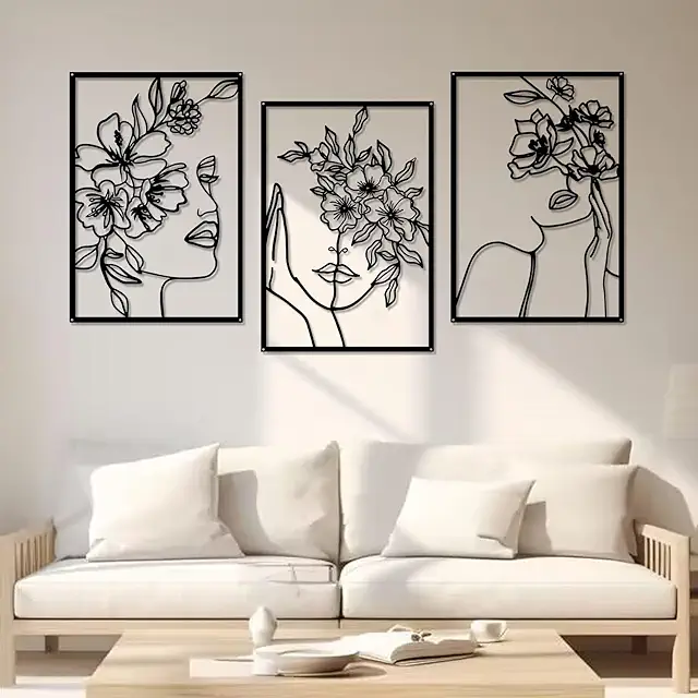 Black Metal Wall Art Set - 3 Piece Abstract Minimalist Line Decor for Modern Homes