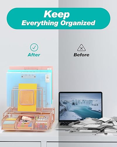 Miniatura 3 de Beiz Organizador de escritorio de oro rosa y almacenamiento de accesorios con 5 carpetas de archivos apilables, bandeja de papel, cajón, juego de 60