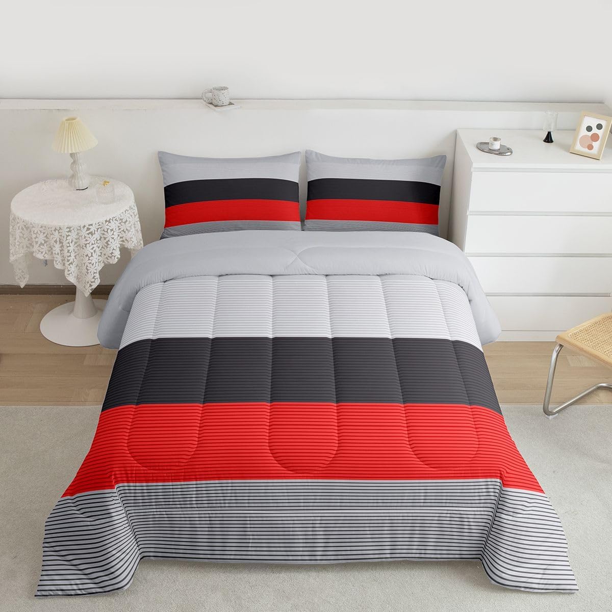 Erosebridal Stripes Duvet Insert for Women, Gray and Black Red Patchwork Striped Bedding Set, Modern Abstract Art Comforter Set Ombre Bright Gray Stripes Quilt Farmhouse Decorations, Queen Size