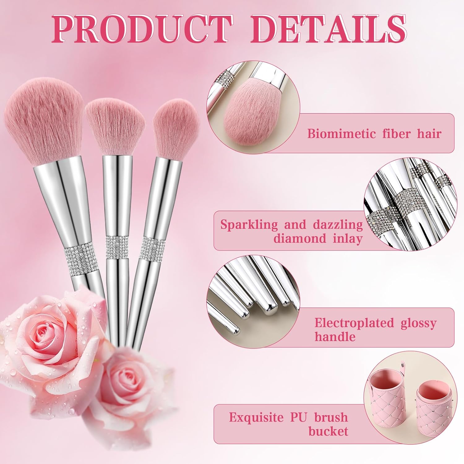 Baderke 11 Pcs Elegant Pink Soft Labeled Christmas Makeup Brushes Sets with Brush Holder Rhinestone Makeup Set with Silver Pink Foundation Powder Blush Blending Contour Brush