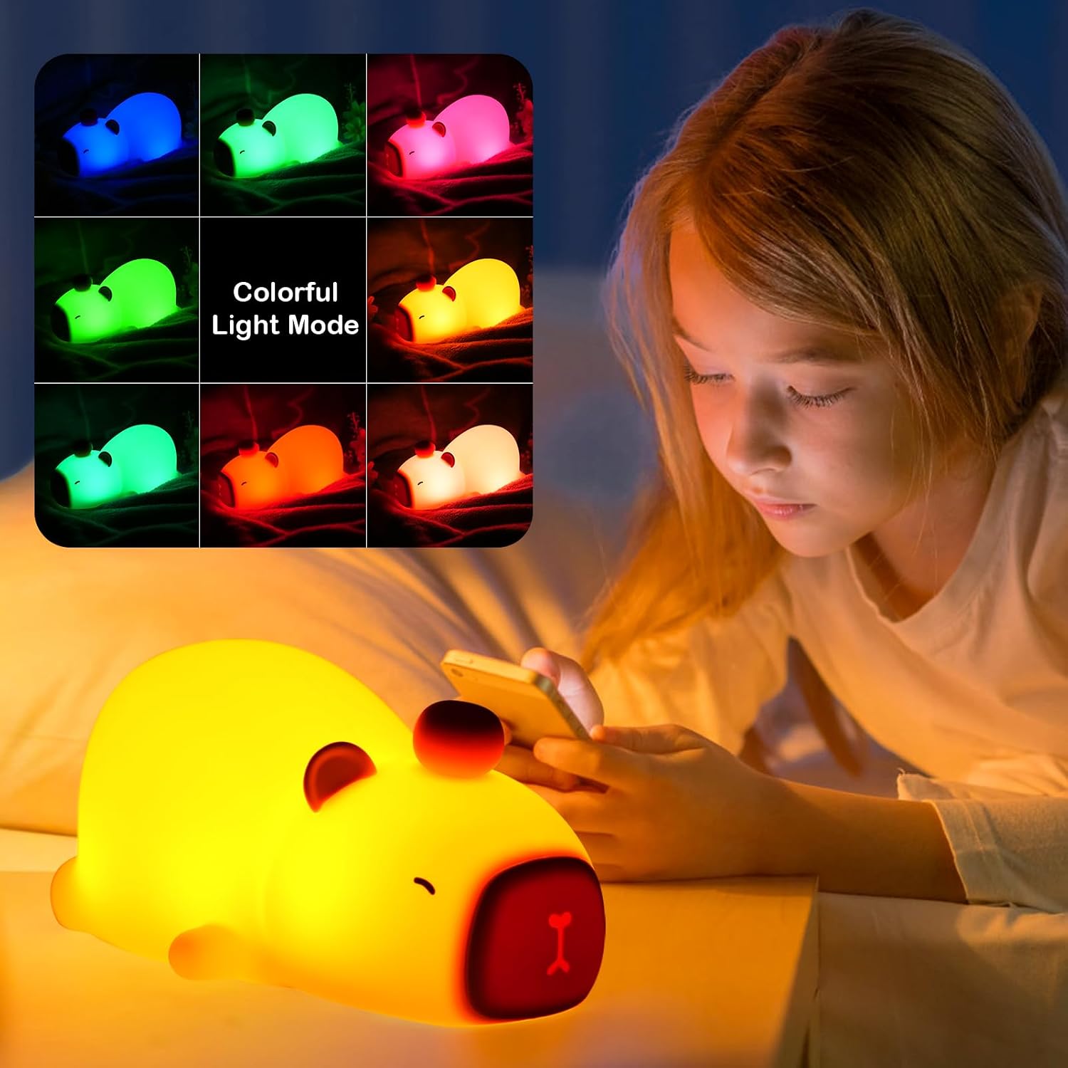 Capybara Night Light Cute Squishy Silicone Nursery Nightlight Dimmable Animal Bedside Lamp with Tap Control Christmas Gift for Kids Girls Boys Women